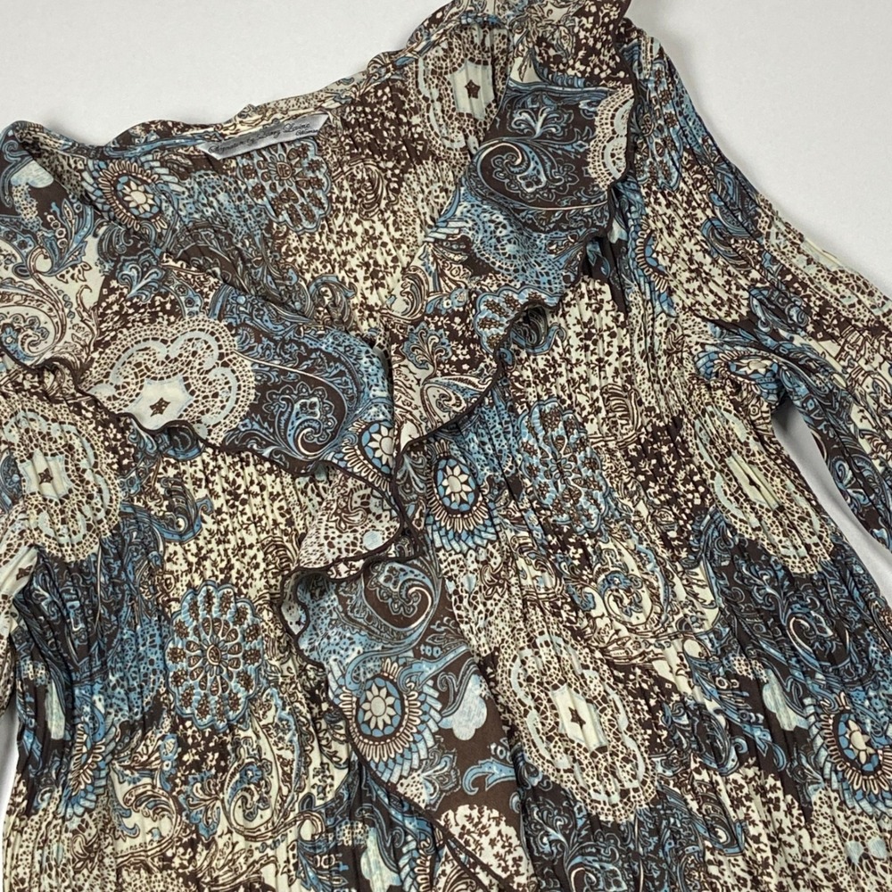 Signature by Larry Levine Paisley Plisse Ruffle Front Blouse Size 1X y2k Crimped